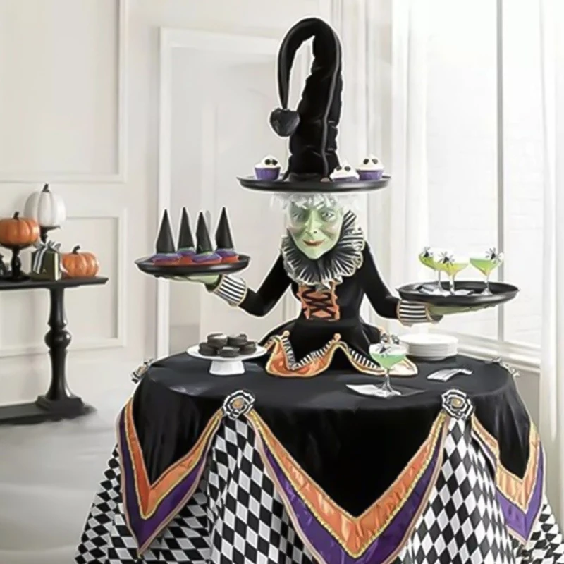 F2TE Halloween Witch Tabletop Server with Harlequin Tablecloth Cupcake Display Stand Home Decoration Resin Statue Tray