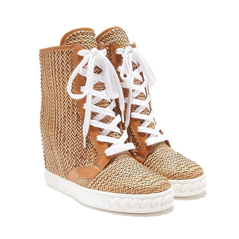 Popular Woman Cane Leather Cross Braided Hidden Wedge Ankle Boots Rattan Plaited Lace Up Boots Zipper High Top Sneaker