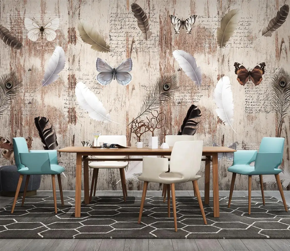 Custom wallpaper Feather butterfly vintage wood mural home decoration living room bedroom hanging picture 3d wallpaper photos