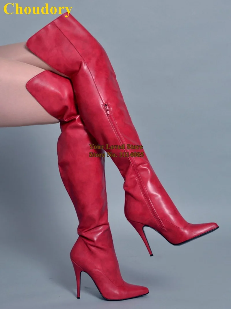 

Choudory Red White Black Over-the-knee Boots Thin High Heels Zipped Thigh High Boots Fall Winter Long Boots Outdoor Dress Shoes