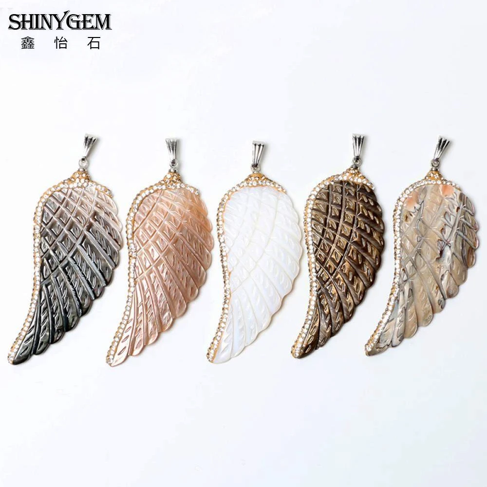 

ShinyGem 27*58mm Natural Abalone Shell Wing Pendants Inlay Rhinestone Charm Angel/Dragon Wings Pendants DIY Jewelry Making 5pcs
