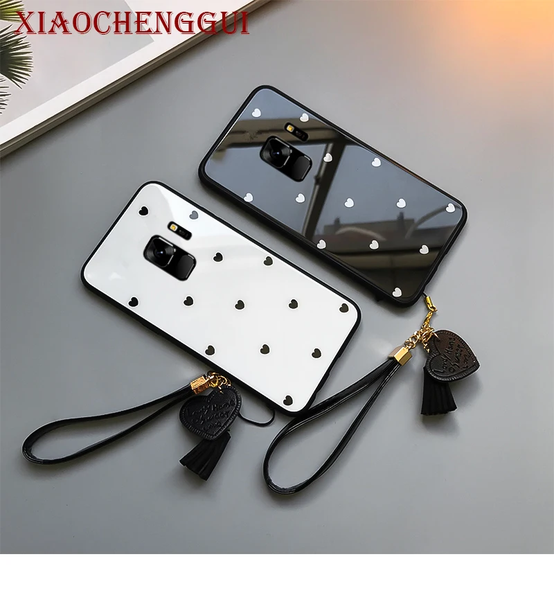 For Samsung Galaxy s10 s10e s9 s8 plus note 8 9 M10 M20 M30 A6 A7 A8 A9 j4 j6 plus 2018 A20 A30 A50 A70 Heart glass Case & Strap