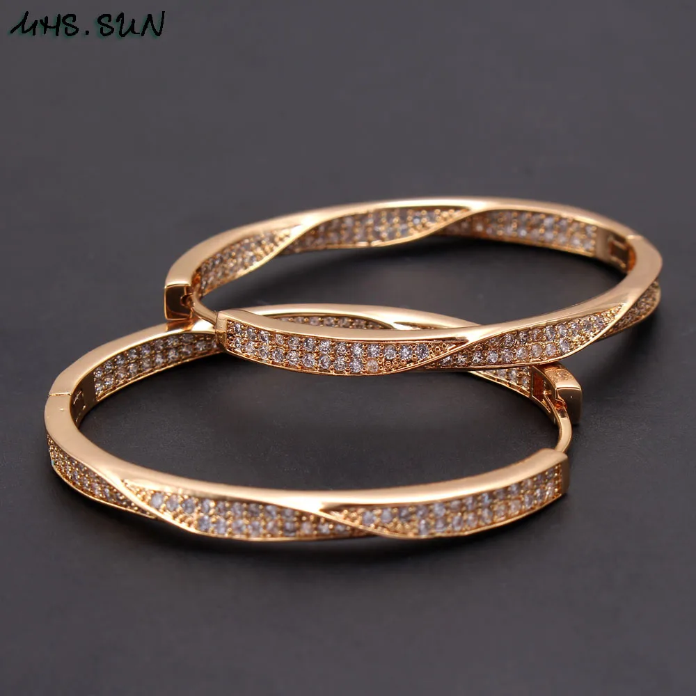 MHS.SUN Women Gold Plated Circle Hoop Earrings Fashion Twisted Design Cubic Zircon Earrings Round Statement Jewelry 1Pair