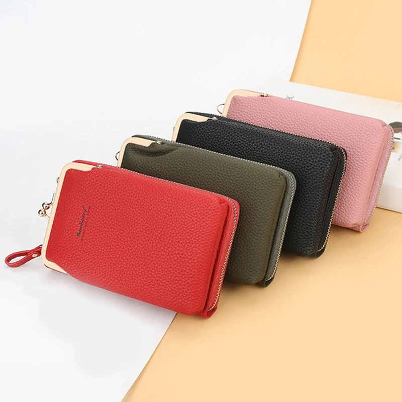 New Lychee Pattern Mid-length Phone Bag Shoulder Bag Crossbody Bag Leather Purse High capacity Phone Pouch Mutifunction Wallet