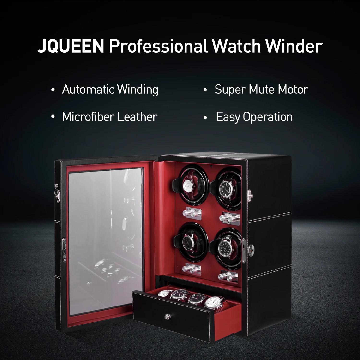 10 Modes AAA Quality Microfiber Black Watch Winder with Quiet Motors 4+4 Storage Red PU Leather Interior AC Adapter