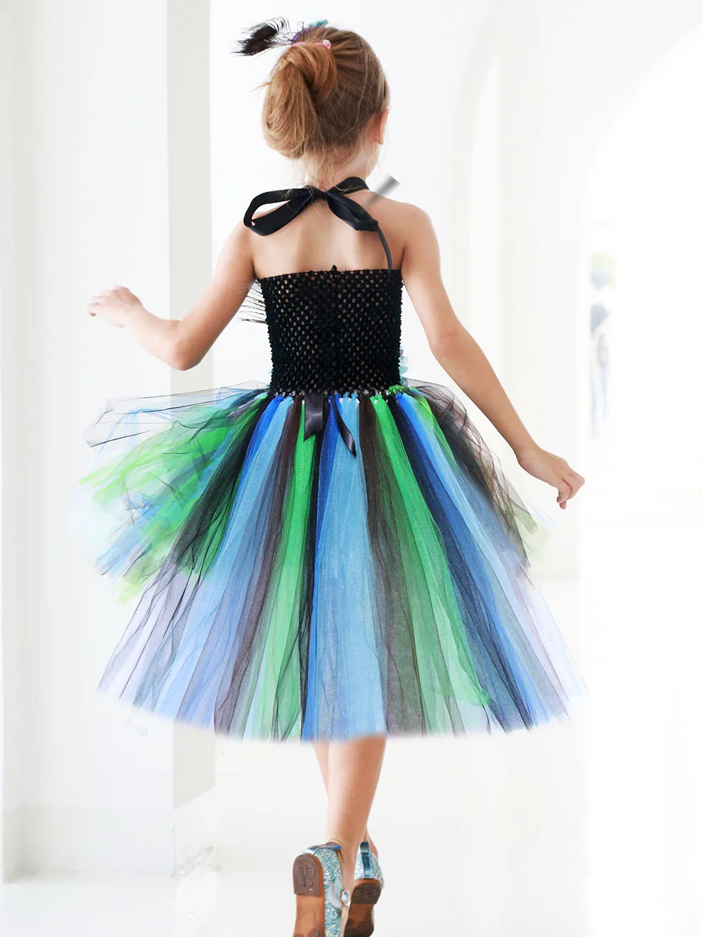 NEW Flower Feathers Girls Peacock Tutu Dress Kids Tulle Princess Peacock Costume for Girls Pageant Halloween Birthday Party Gown