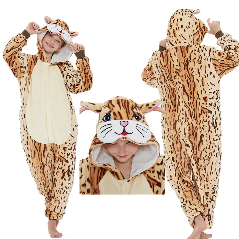 Kigurumi Adult Leopard Cat Onesies Cartoon Children Pajamas Anime Cosplay Costume Winter Sleepwear Boys Onesies Girls Pajama Set