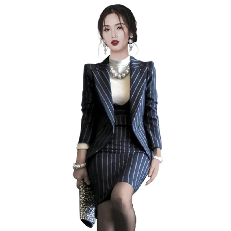 

Spring Autumn OL Office Work 2 Piece Set for Ladies Print Striped Blazer Coat and V-neck Sleeveless Wrap Dress Woman Blue Suit