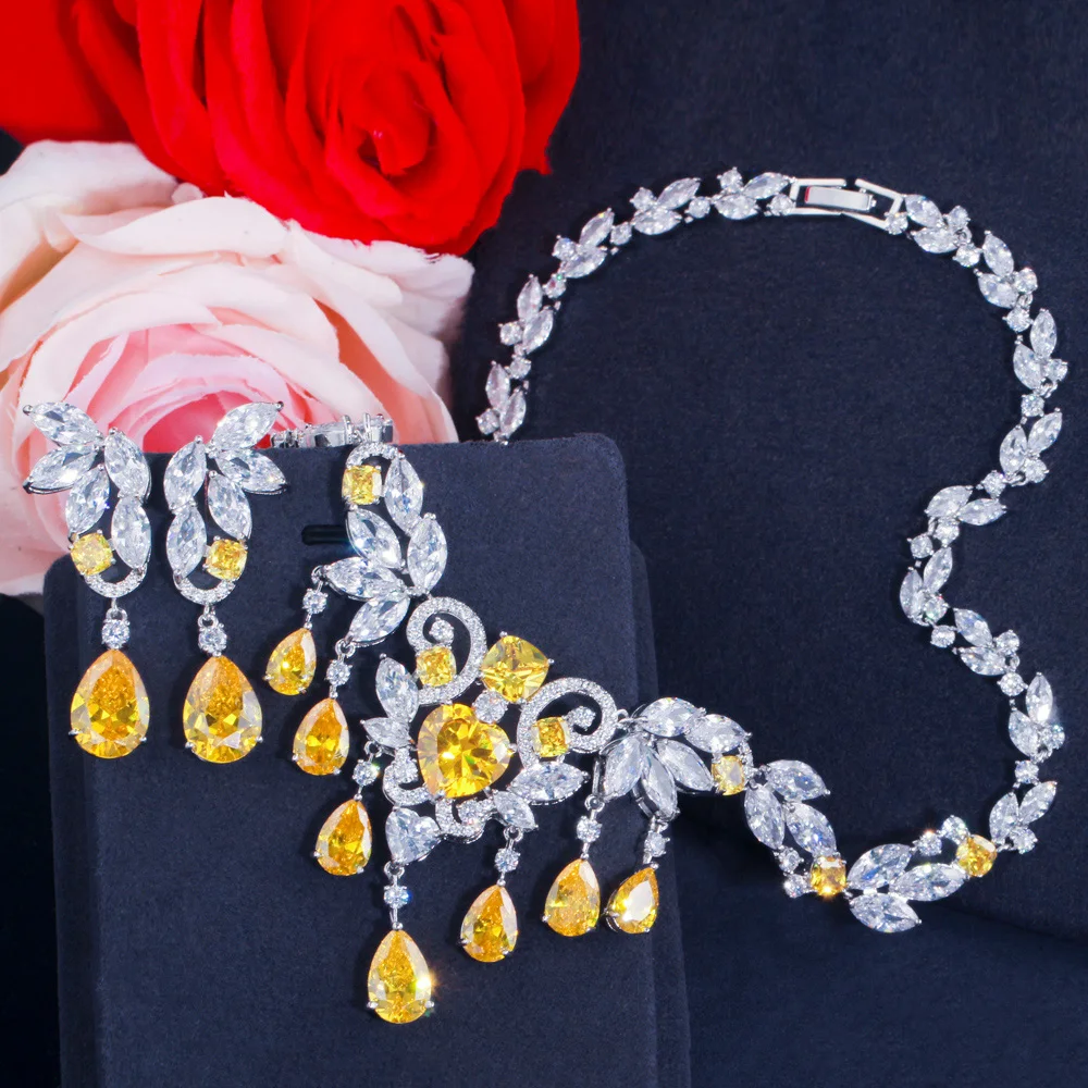 

CWWZircons Высококачественный роскошный комплект украшений из желтого и белого кубического циркония для женщин: колье-подвеска с кисточками и серьги для свадьбы T0540