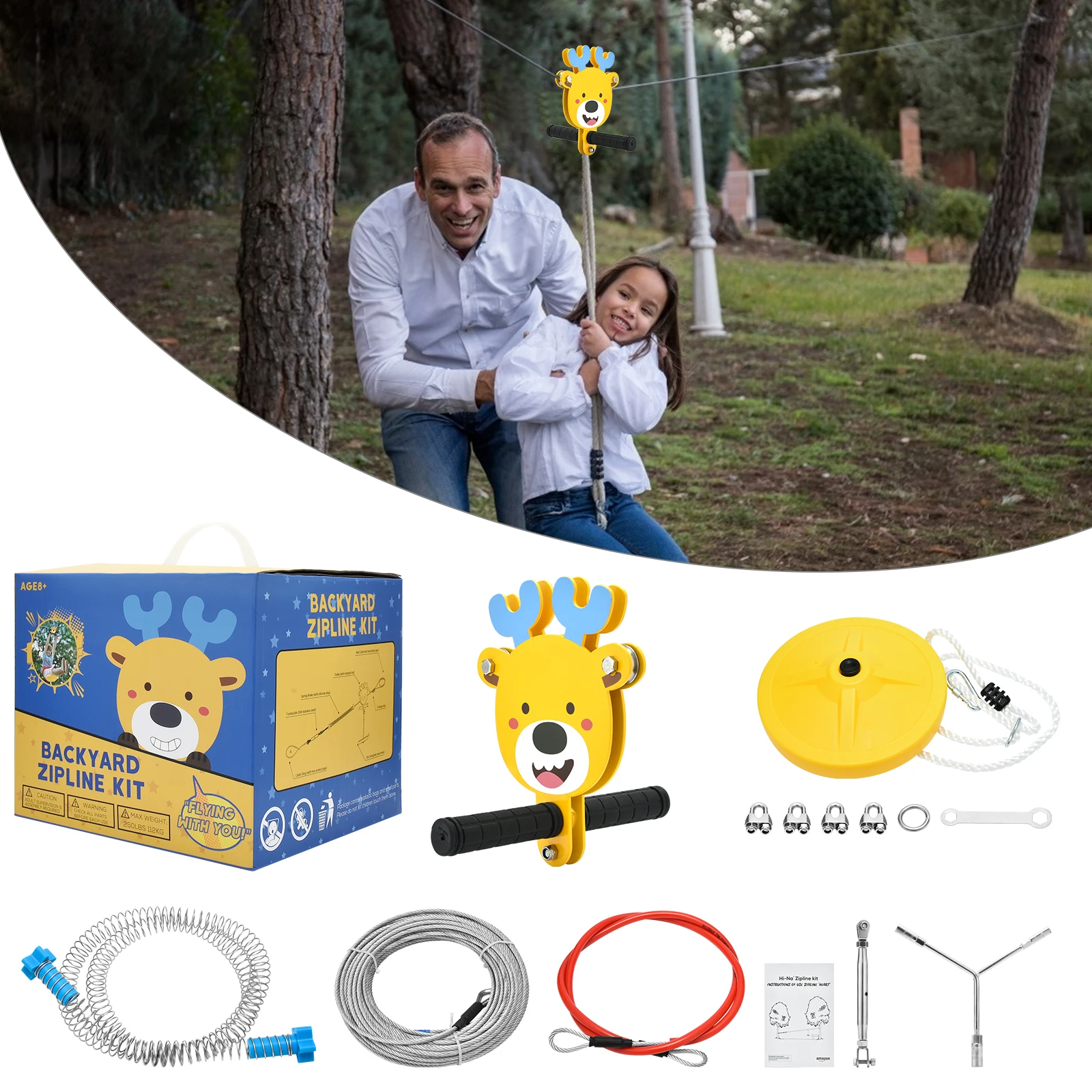 80/100/120ft 6mm Zip Line Kit For Children With Spring Brake And Seat Zip Lines For Adults Outdoor Steels Cable Zip Line Kit