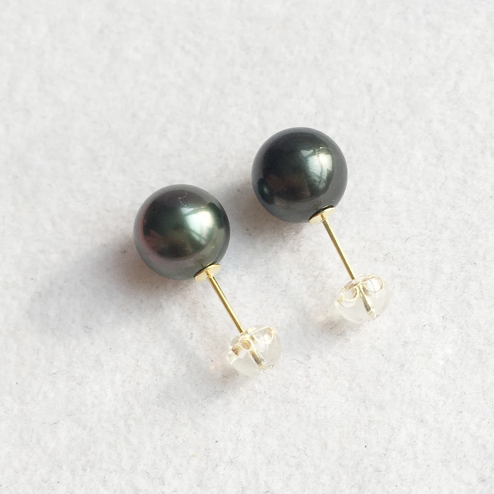 100% real AU750 18k gold nature tahitian pearl stud earring-AA+ good quality nature tahiti Pearl,9-10 mm sea salt pearl