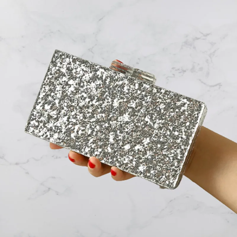 Silver Glitter Gold Glitter Acrylic Box Clutches Mirror Acrylic Clasp Female Flap Evening Day Clutches Party Beach Handbag  obag