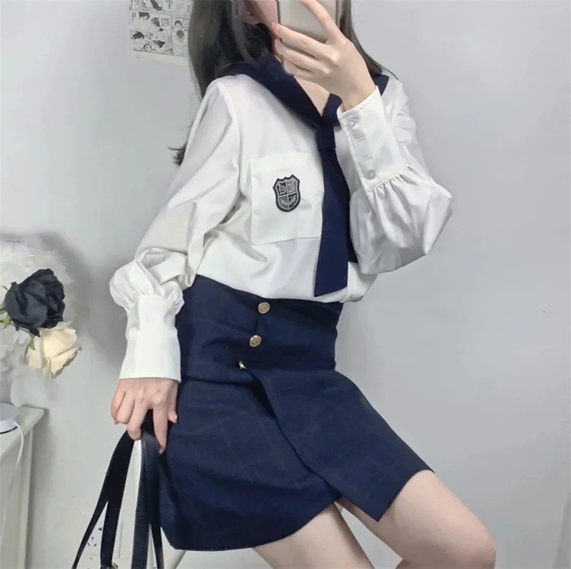 Uniforme japonais coréen JK pour femmes adultes, uniformes scolaires de collège pour filles, chemise trempée de marin à manches longues et jupe trapèze