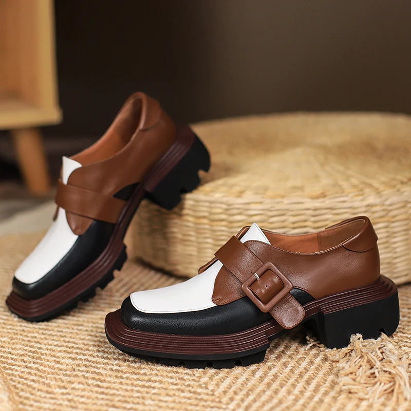 Mixed Colors Women Shoes 2021 New Genuine Leather Shoes Woman Heels Working Thick Botton Square Toe Women Shoes Shoes for Women