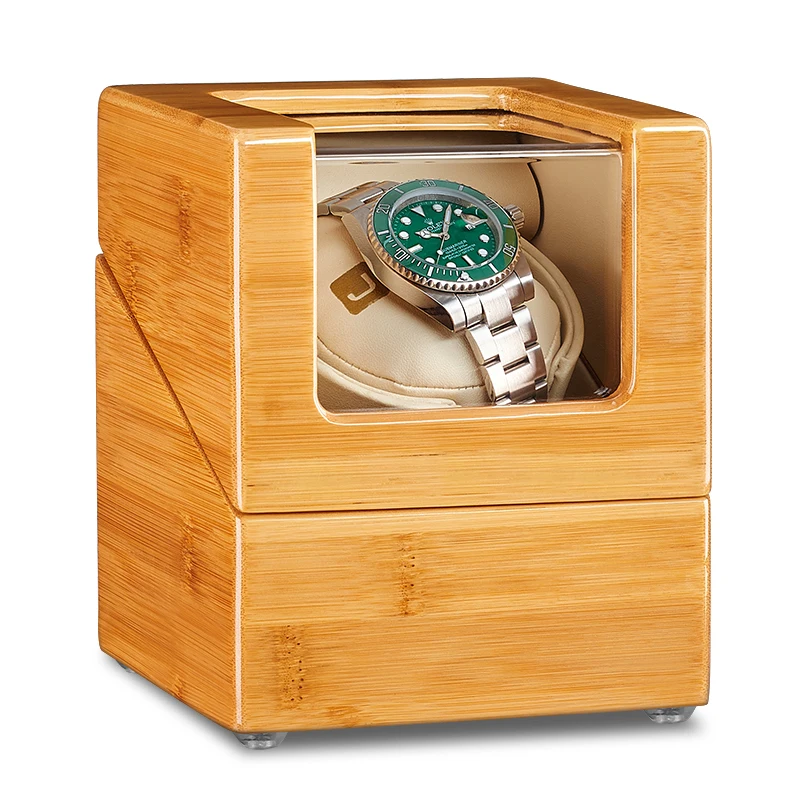 

Single Watch Winder with Quiet Motor 5 Working Modes Bamboo wood Interior White PU Leather Good Quality