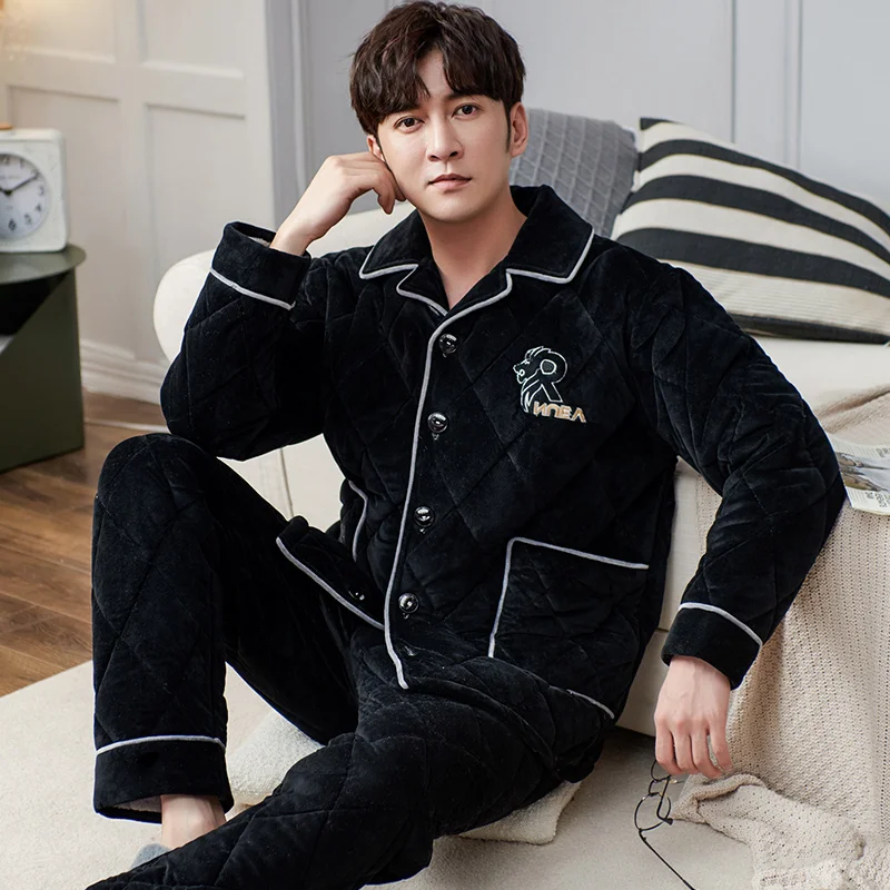 Winter Thick Warm Men Clip Cotton Pajamas Set Long Sleeve Turn-down Collar Soft Loose Male Lounge Homewear Clothing