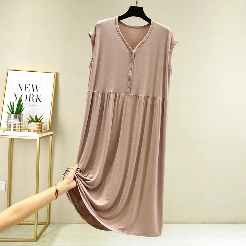 Buttons Large Size Loose Nightgowns For Women Sexy V Neck Sleeveless Long Dress Summer Nightdress Female Lounge Night Shirt