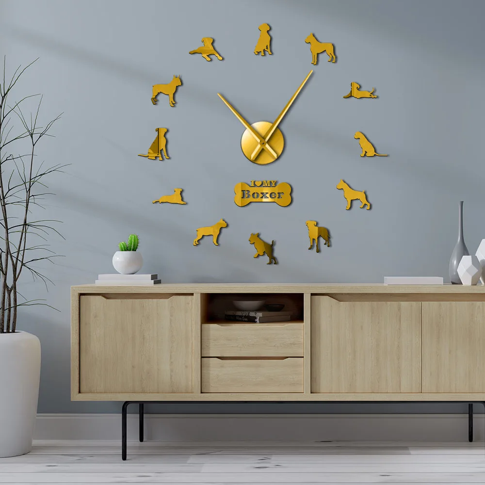 German Boxer Dog Modern Silent Giant Wall Clock DIY Big Needle Time Clock Frameless Deutscher Boxer Large Wall Art Decoration