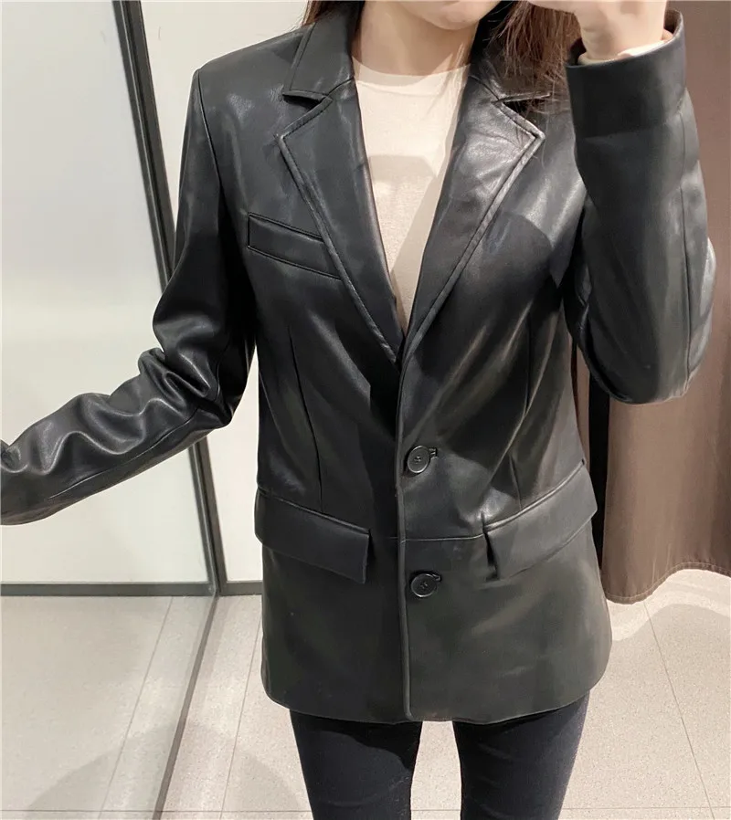 여성 가을 블랙 패션 pu za 자켓 여성 좋은 캐주얼 긴 소매 주머니 싱글 브레스트 슬림 가짜 lenther outwear femme