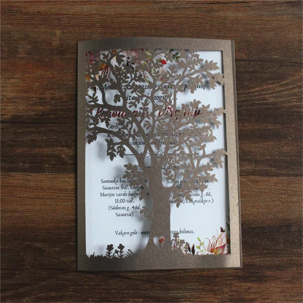 Tree Laser Cutting Invitation Card Wedding Party Customized Text Offer Printing Multi Colors Shimmer Paper 50 Pieces