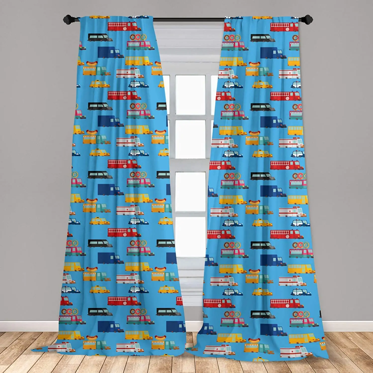 Transportation Window Curtains Various Vehicles Cartoon Style Donut Fast Food Truck Engine Police Car Window Drapes