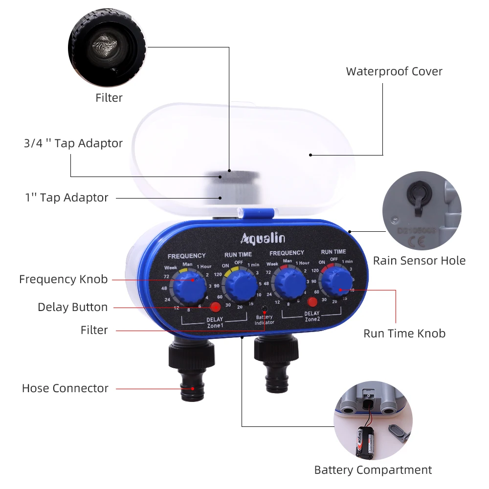 Ball Valve Electronic Two Outlet Four Dials Water Timer with Rain Sensor Hole Garden Irrigation System for Garden, Yard #21032A