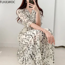 Korea Chic Dress 2021 Summer Holiday Date Girls V Neck Draped Sweet Romantic Floral Printed Women Long Dresses Vestidos