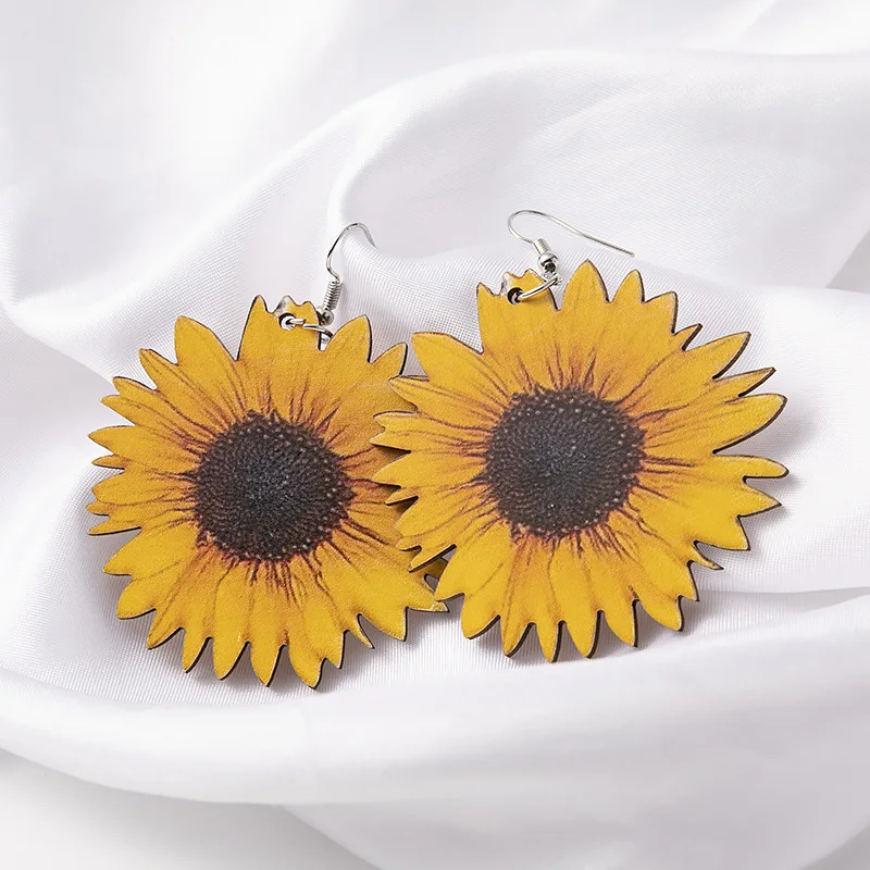 Wholesale Wood Sunflower Earrings for Women Yellow Big Daisy Sunflower Statement Earring Fashion Jewelry Best Friend Gifts