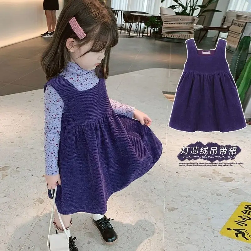 

Girls Dress Spring Autumn New Corduroy Purple Kids Dresses Belt Sweet Cute Baby Knee-Length Fashion Skirts Wild Children Clothes