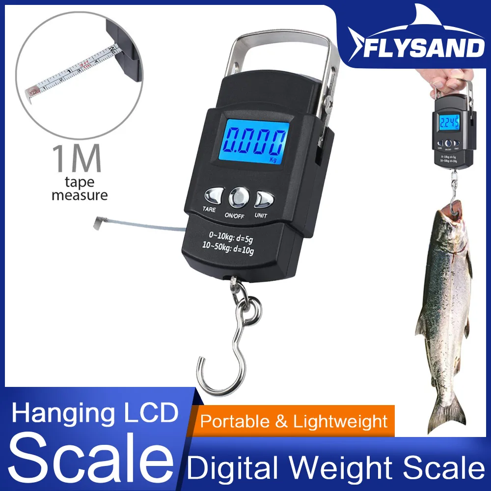 FLYSAND Electronic Scale Backlit LCD Display 110lb/50kg with Measuring Tape Balance Digital Fishing Hanging Hook Scale Tool