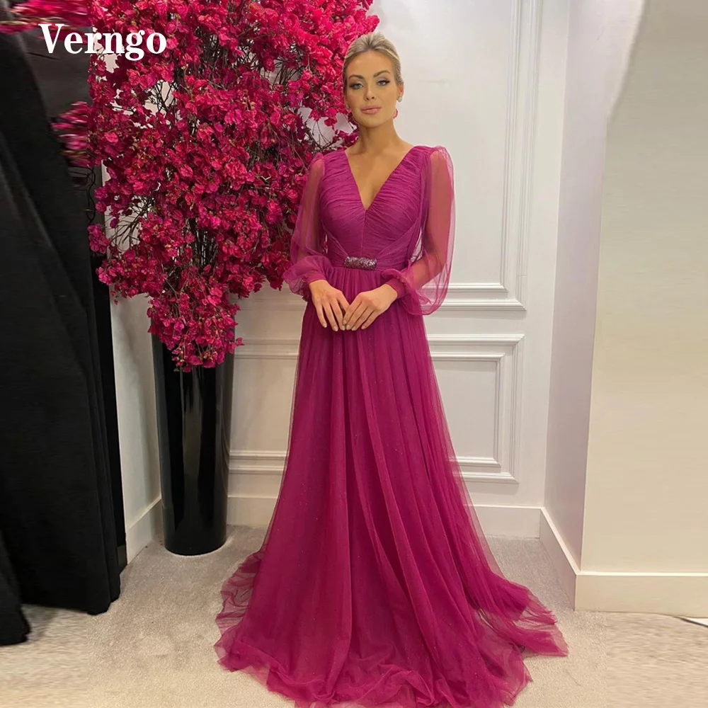 

Verngo 2021 A Line Hot Pink Prom Dresses Puff Long Sleeves Tulle V Neck Pleats Evening Gowns Women Formal Special Occasion Dress