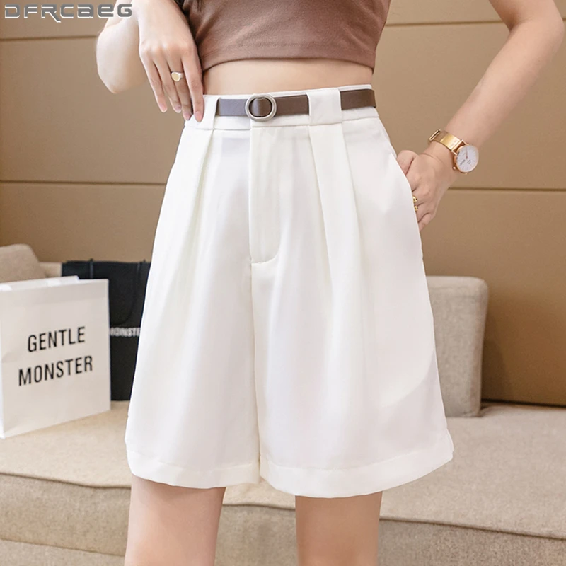 New Loose Wide Leg Women Shorts Summer Casual A-Line High Waist Bermudas Mujer Boyfriend Free Belt Khaki White Black Short Femme