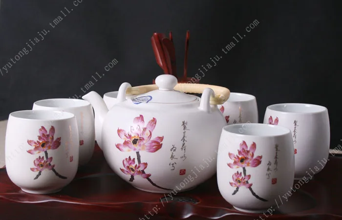 Jingdezhen Ceramic 7-head tea set with beams, lotus flower, gentleman's Kung Fu Tea Set