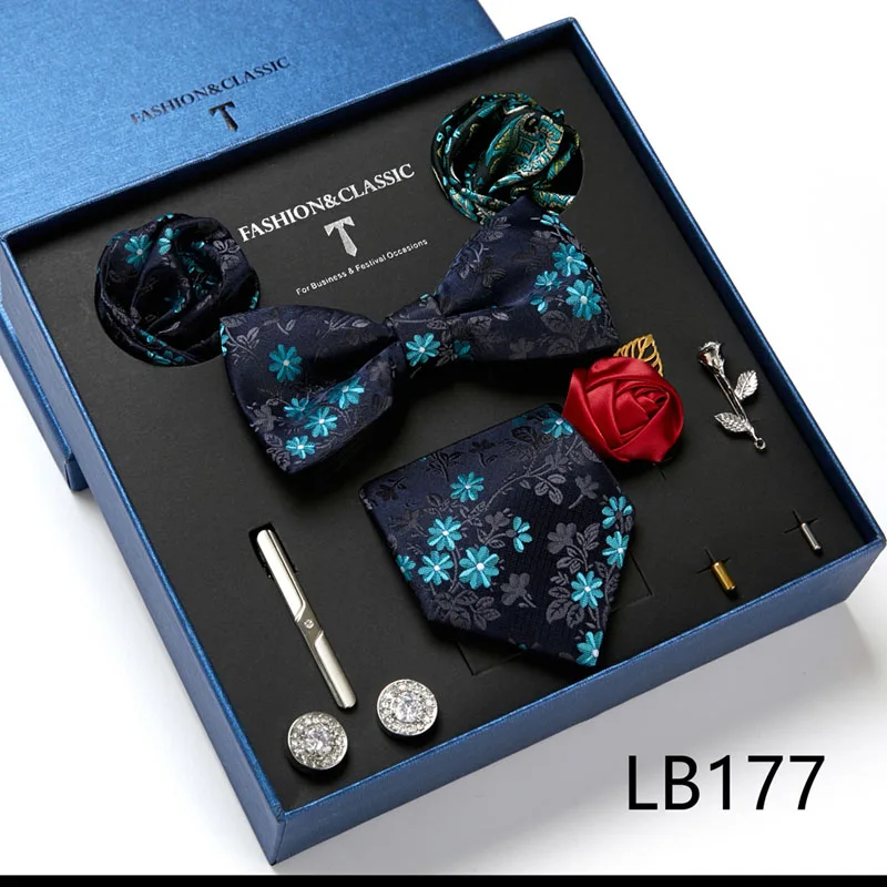 Hochwertige Geschenkbox für Feiertage, 7,5 cm, blaues Blumenmuster, Einstecktuch, Manschettenknöpfe, Krawattenclip, Krawatte für Herren, Geburtstagsgeschenk – Detail 15