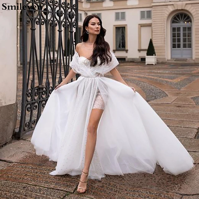 Smileven Side Split Wedding Dress Short Skirt Boho 2020 Sequins Lace Bridal Gowns Robe De Soriee Turkey Wedding Gowns Wedding Dresses AliExpress