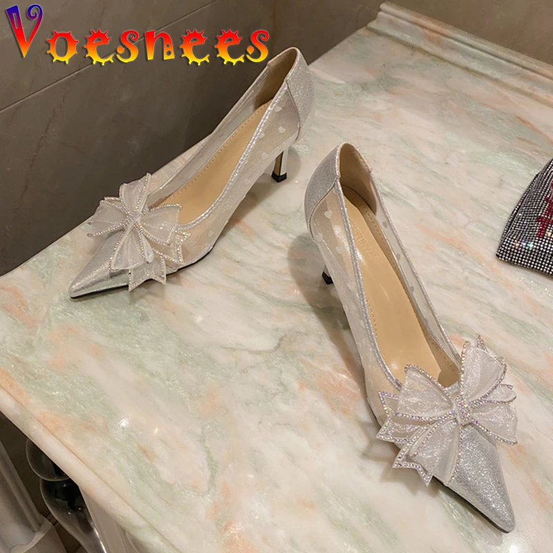 Voesnees Women's Shoes Pumps Mesh Cloth Sequins Pointed Toe Single Shoes 2021 New Rhinestones Butterfly-knot Shallow High Heels