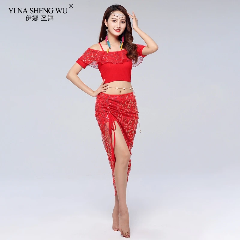 New Shine Oriental Dance Costume Adults 2 Piece Bellydance Bling Bling Skirt Top Dancer Daily Practice Wear Belly Set Women New