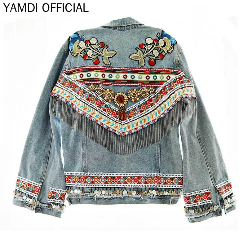 

YAMDI Women Embroidered Denim Jacket 2019 Vintage Long Sleeve Coat Festival Runway Embellished Jacket 2019 Chic Ladies Chaqueta