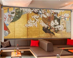 wellyu Custom wallpaper 3d mural обои Japanese style ukiyo-e cherry blossom hand-painted six screen mural oil painting wallp