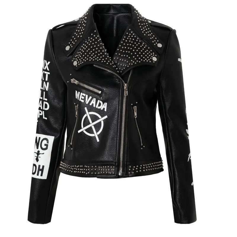 Letter Print Graffiti Lapel Leather Jacket Female Rivet Punk Style Cool Motorcycle Jacket Women Large Size Coat Streetwear Y1104