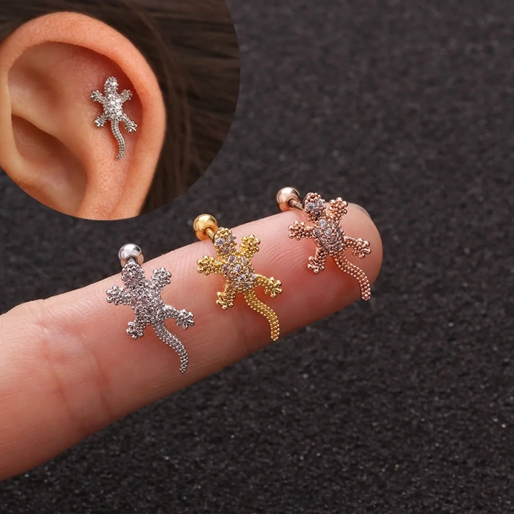 1 pz Stud Ear Piercing gioielli animale geco cartilagine orecchino lucertola rettile elica Tragus conchiglia vite moda indietro orecchino