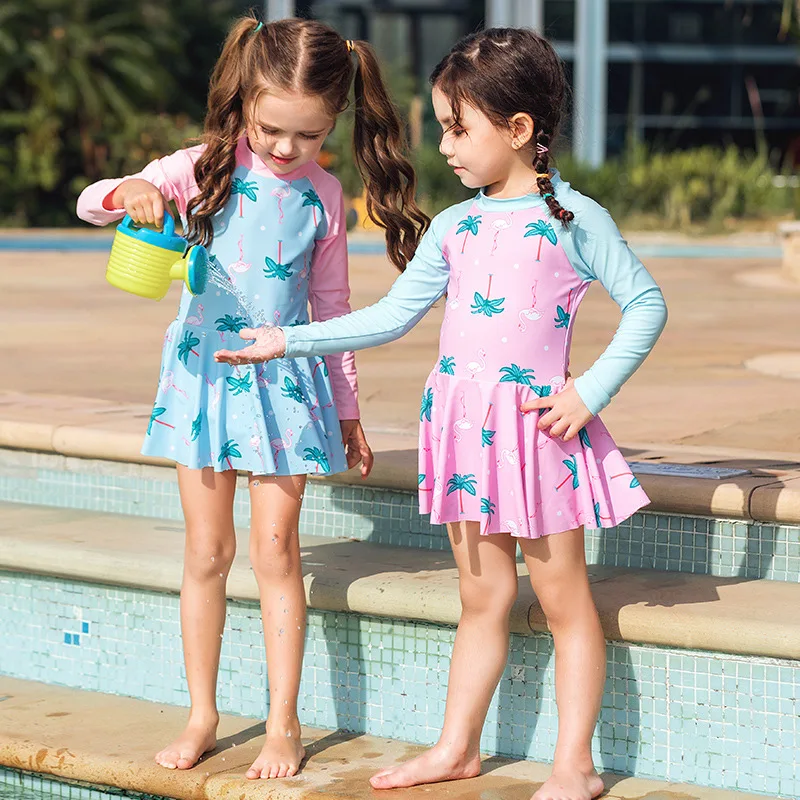 Toddler Girl Bathing Suit Children Swimsuit Girls One Piece Dress Cute Fashion Sun Proof Long Sleeve Swimsuit Baby Girl Swimwear