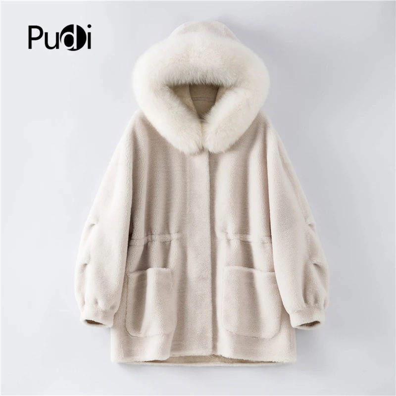 Pudi Women Real Wool Fur Coat Jacket With Real Fox Fur Collar Hood Female Winter Warm Coats Oversize Jackets B181050