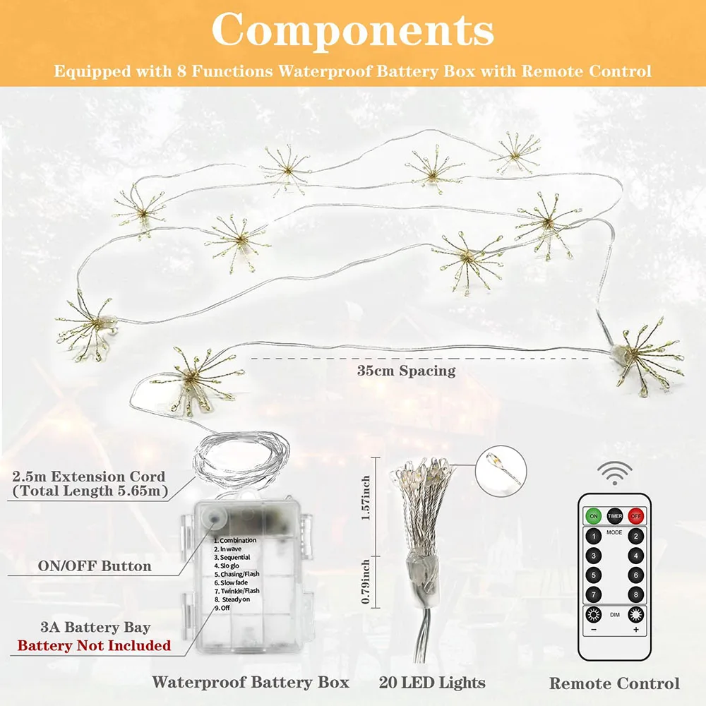 Imagem -03 - Solar Powered Dandelion Garland Light Starburst Fireworks String Light 20200leds para Casamento e Decoração de Festa Usb