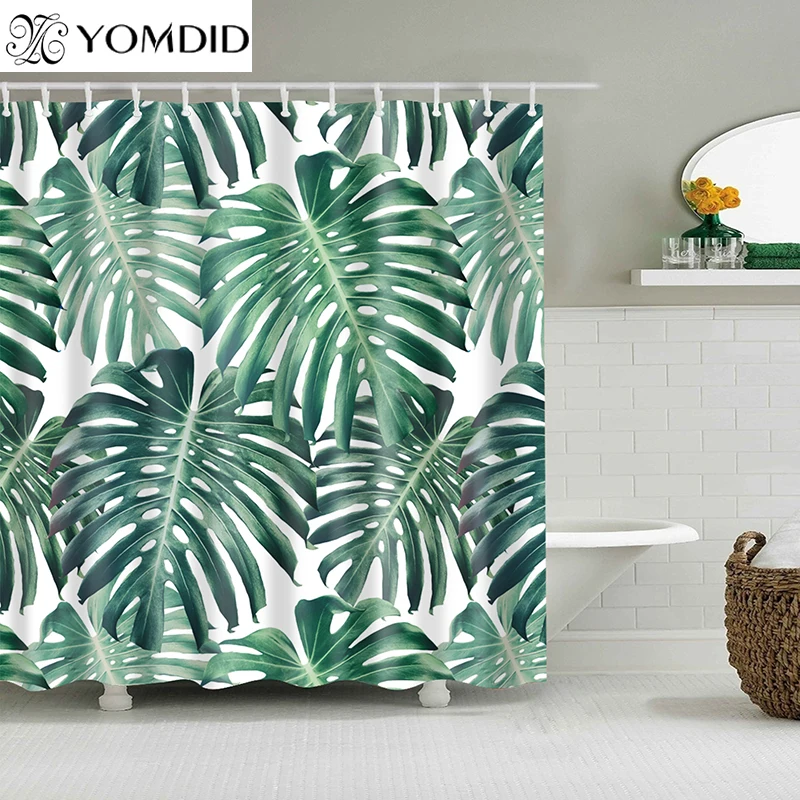 Green Tropical Plants Shower Curtains Bathroom Polyester Waterproof Shower Curtain Leaves Printing Curtains for Bathroom Shower