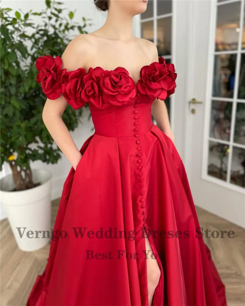 Verngo 2021 novo design vermelho uma linha de cetim vestidos de noite longos fora do ombro mangas curtas bottons frente lado formal vestidos de baile