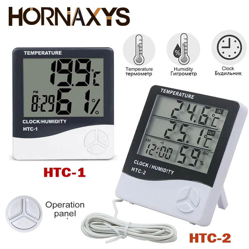 LCD Electronic Digital Temperature Humidity Meter Thermometer Hygrometer Indoor Outdoor Weather Station Clock HTC-1 HTC-2