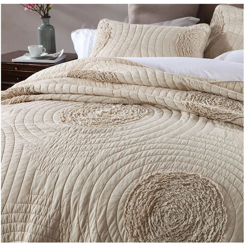 Handmade Embossing Cotton Quilt Set - King Queen Size Solid Color Minimalist Bedspread 3-Piece Lightweight Bed Blanket