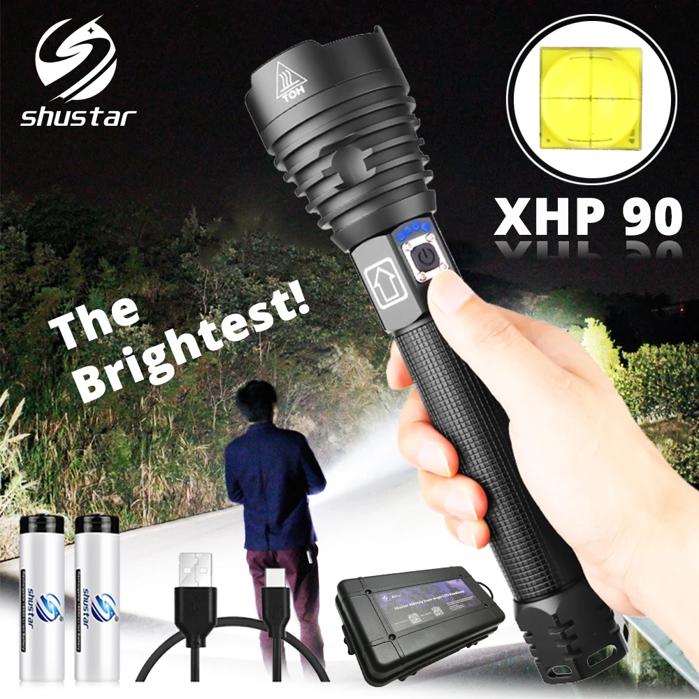 The brightest XHP90 LED Flashlight Tactical waterproof Torch 3 Lighting modes Zoomable Hunting camping lamps By 18650 or 26650