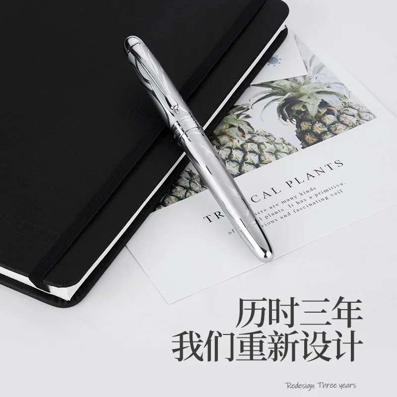 HongDian Printing Stainless Steel Fountain Pen Fine Nib Retro Silver Student Office Practice Supply Writing Pens Stationery Gift